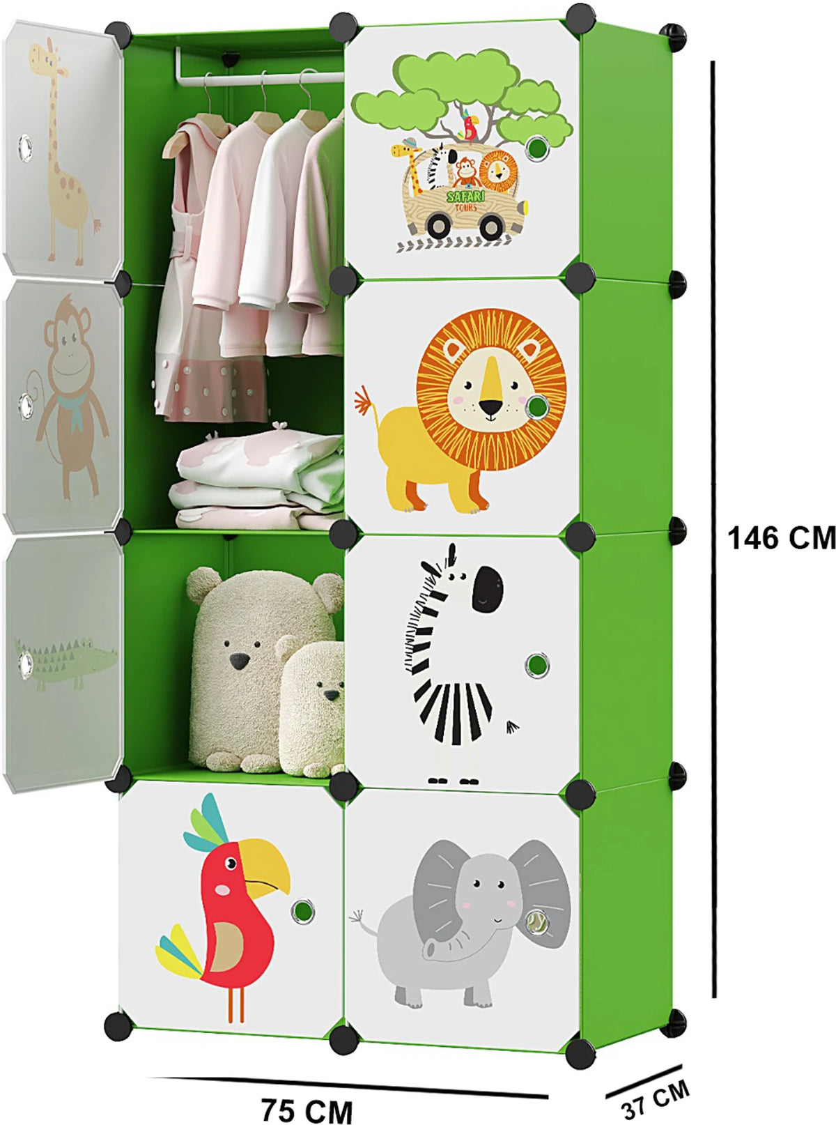 Premium 8-Door Animal-Print Kids Plastic Wardrobe – Green