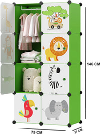 Premium 8-Door Animal-Print Kids Plastic Wardrobe – Green